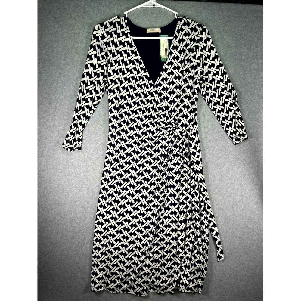 Gilli Faux Wrap Jersey Midi Dress Womens Medium Navy White Geometric Link V Neck